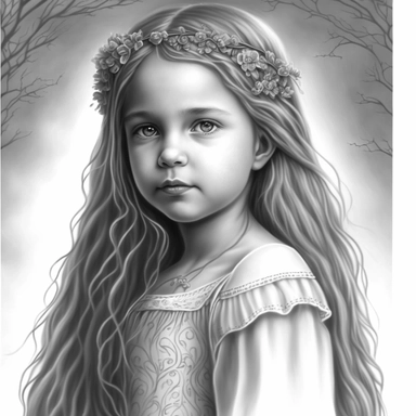 boho little girl, princess aurora, portrait, pose, very detailed and realistic, greyscale, clear image, withe background, clipart style