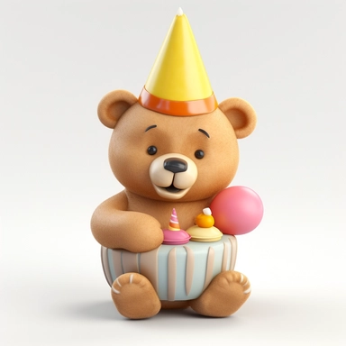 Birthday teddy bear clipart, chubby, happy smiling, fluffy, with Birthday hat, and cake, 3d style, 8k, high resolution