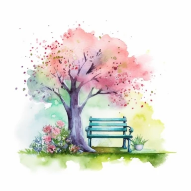 clipart, isolated on white background, Watercolor Spring beautiful ornated metal bench under the tree, flowers and grass and plants, ornated, pastel colors