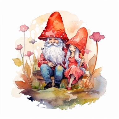 Watercolor magical gnome couple sitting on a toadstool, watercolor clipart on white background, vivid colors, enchanting scene clipart on a white background in the style of feminine sticker art, Tanya Shatseva, storybook illustration, red, white and caramel tones, Georgia O'Keeffe, colored line art, colored outlines, cottagecore design, watercolor on white background, crisp tones, sticker outline, colored line art, colored outlines, iridescent ombre, gradient shading, pure tone, vibrant digital 