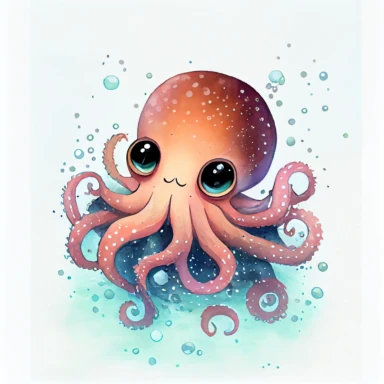 cute octopus with big head, big eyes, curled eyelashes, watercolor hand draw Illustration clipart, 4K, extremely detailed