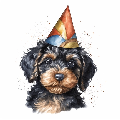 cavoodle puppy with a birthday hat, hand drawn clip art