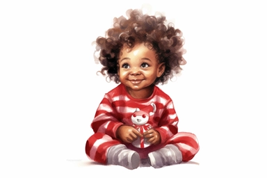 Watercolor happy cute beautiful brown skin african American baby girl praying wearing baby red and white christmas pajamas, christmas tree in the background, detailed clipart, isolated, spaced out--q 2