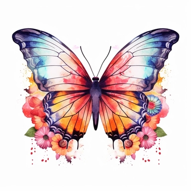 Beautiful colorful butterfly on flowers, summer vibes, hand drawing digital art, clean design, clean art, sublimation, colorful, watercolor style, white background, 4K, extremely detailed, clipart