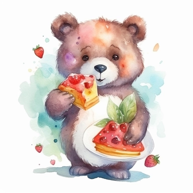 cute smiling watercolor bear holding food, white background, clipart, 8k resolution, high saturation, juicy colors, unreal engine