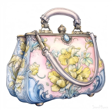 vintage style Detailed light and shadow, 2D outline, A beautifully patterned neo rococo Victorian baroque hyper realistic hand bag in varying hues of pale pink, blue and yellow, stunningly beautiful, refined and sophisticated, Hand drawn, cicely mary barker ,realistic watercolor, Clipart, emotionally pleasing watercolor, i can't believe how beatiful this is,accurate detailed line art, white background, intricate detail, clean line art, saturated fantasy watercolor