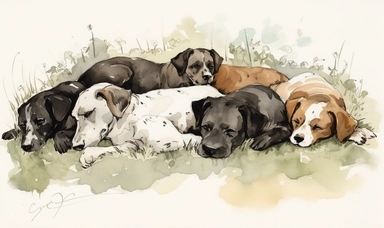 six dogs asleep in a pile on a lawn, one brown and white dog facing left, 2 brown dogs facing inward, 1 black dog facing right, 2 black and white dogs, watercolor, and ink drawing, clipart, happy, gentle smile, beautiful watercolor ink wash coloring, thick pencil lines, Jon klassen, Adrian tomine, popular on etsy, watercolor illustrations clipart, watercolor illlustrations for kids, white background