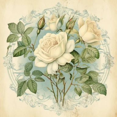 vintage faded labels with ivory roses and delicate vines light aqua clipart