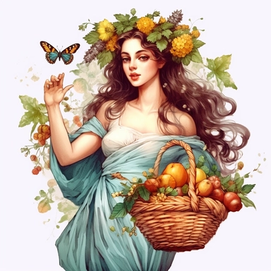 Fantasy Style Ancient Rome style Beautiful Flora Goddess holding big basket full of sprouting flowers, ripe delicious fruit with watercolor effect, little butterfliesMany flowers,suitable for digital clipart,white background,Mythologic Scene,Ancient rome fashion Clipart ,Cartoon,hyper realistic, intricate detail, illustration style,high solution,on the white background
