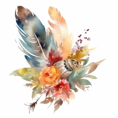 watercolor, single bunch of rustic flowers with feathers, bottom left-hand corner scroll ideal for wedding stationery, clipart