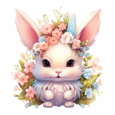 Kawaii Pastel Bunny Clipart floral dreamlike, Cartoon, hyper realistic, intricate detail, illustration style, high resolution, on the white background