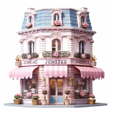 Lovely pink French cafe with a vintage-inspired charm. The exterior is adorned with pink floral accents and classic French signage. Inside, the cafe offers a cozy and nostalgic ambiance. Clipart, solid white background, Ultra-detailed, hyper-realistic, intricate detail