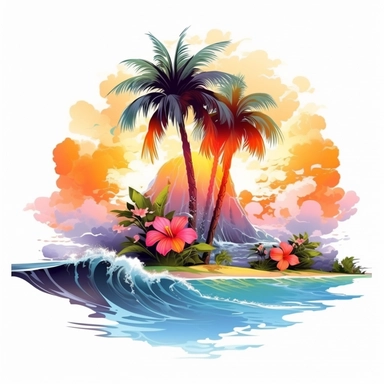 artwork majestic palm tree in digital painting style, beautiful flowers, sunrise mountains and clouds, big sea waves, water splashes, white background, colorful fantasy flower sorround, highly detailed clean, vector image, photorealistic masterpiece, professional photography, realistic, flat white background, isometric, vibrant vector, clipart, illustration, realism, 4k, cinematic, front view, white background