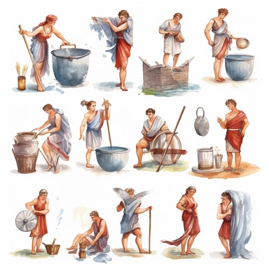 Watercolor roman people performing daily tasks , illustrations clipart set, simple, , cartoon elements, different variants , , marble elements, separate elements with a margin