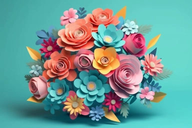 3d render, craft paper flowers, round floral bouquet, botanical arrangement, bright candy colors, nature clip art isolated on sky blue background vector art illustration