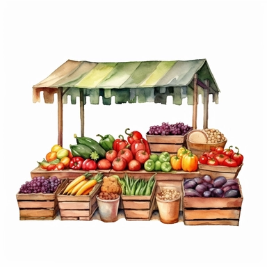 watercolor colorful clipart of a bountiful farmer's market, hd, on white background