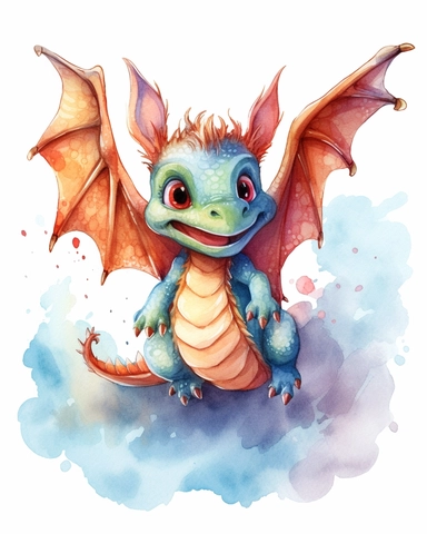 watercolor baby dragon flying clipart multicolor high detail