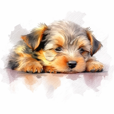 high detailed watercolor side view clipart of asleeping yorkshire terrier puppy, on a white background