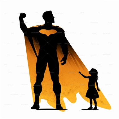 silhouette of a father as a superhero with girl, retro pop art, clipart, white background