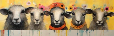a row of cute miniature lambs, a collage of mixed media art made with tissue paper, magazine and newspaper clippings, oil paint, graphite pencil lines and fabric, in the style of playful surrealism, whimsical, washi tape