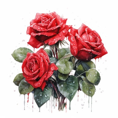 Watercolor Red Roses, leaves,Clipart rain, water droplets, ultrarealistic, daylight,detailed character illustrations, bloomcore, 8K,full view