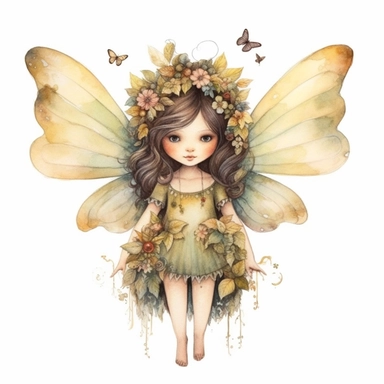 claudia tremblay style watercolor clipart high detail little chubby watercolor fairy with beautiful wings on their back, pointy ears and soft colors working in her garden