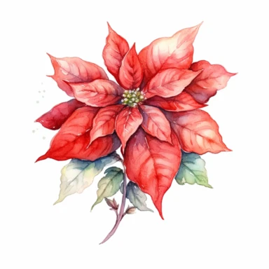 A isolated watercolor clipart, christmas red poinsettia, white background, Art Nouveau, highly detailed,