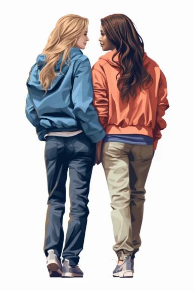 two fullbody women at their backs , best friends, wearing blue pants and jackets, clipart