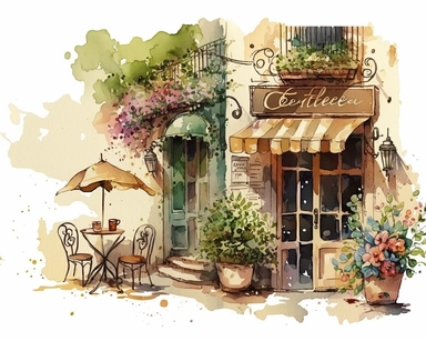 Clipart, Watercolor painting, coffee shop, As the gentle breeze carries the faint scent of freshly brewed coffee, you find yourself captivated by the scene before you. Nestled among a quaint street lined with charming buildings, a picturesque cafe comes into view. The outdoor seating area beckons with its rustic charm, adorned with wrought-iron chairs and tables adorned with vibrant potted flowers. The centerpiece of the cafe is an intriguing structure, an architectural marvel that combines clas