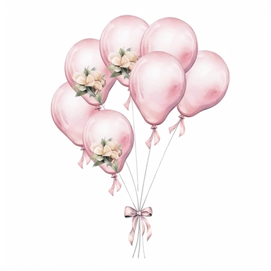 Isolated on a white background, in a feminine style that is populair on Etsy, baby pink weddings balloons with strings decorated with baby pink roses, high resolution, highly detailed, watercolor clipart illustration, soft pastel color theme, baby pink, 8k UHD isolated image on white background, hyper - realistic high definition
