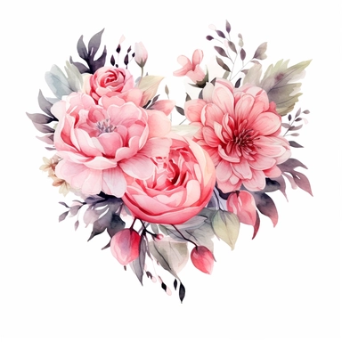 Delicate watercolor illustration of a bouquet of pink flowers, viewed from a side angle, gracefully arranged within a heart-shaped frame, radiating romance and timeless beauty clipart on a clean white backdrop.