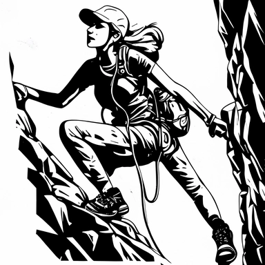 siple clipart, rock climbing , black and white , women wearing helmet