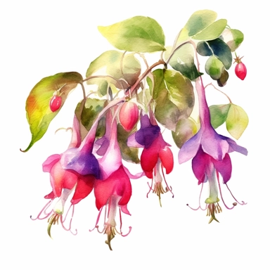 a watercolour painting of a fuchsia flower, in the style of uhd image, dansaekhwa, traditional, flourishing botanicals, exotic, white background, colorful, antique clipart, vibrant intense colors