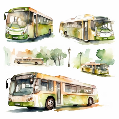 watercolor collection clipart bus coach public transportation neutral colors on white background