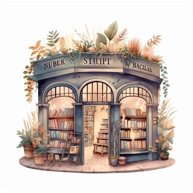 Bookstore,cute bookstor,muted colors,clipart on a white background, an illustration of by Annabel Kidston, shutterstock contest winner, generative art, detailed painting, digital illustration,photoillustration isolated on white background, digital watercolor,dark outline,high quality,8k