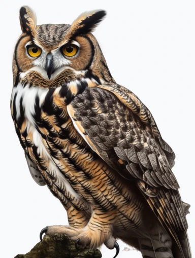 clipart of a full body ultra realistic great horned owl. Full body image of great horned owl detailing its hyper realism