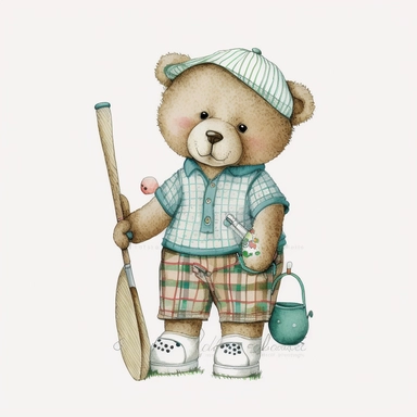 cute Teddy Bear playing golf and wearing vintage golf summer clothes Illustration, Sublimation graphics, by Beatrix Potter, Watercolor clipart, single design, white background