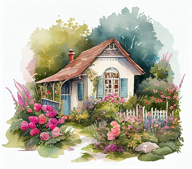 Watercolor clipart of a garden cottage