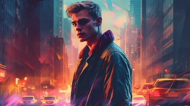 beautiful stunning pretty vintage bladerunner young man, paint art style, clipart, city landscape background, superrealistic, one of a kind