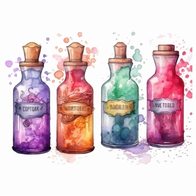 Create a watercolor clipart set of potion bottle with different shape, size, and color, containing a unique magical elixir with label. no background