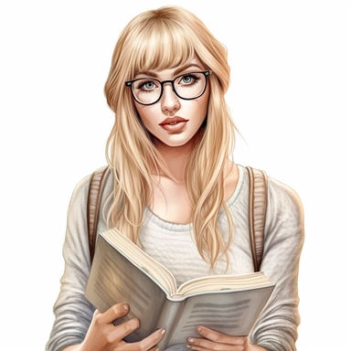 isolated illustration on a white background, a hyper realistic book girl in a beige outfit wearing glasses long ultra straight very natural looking blonde hair with bangs, 32k, Clipart, watercolor realistic and highly detailed, natural realistic soft colors