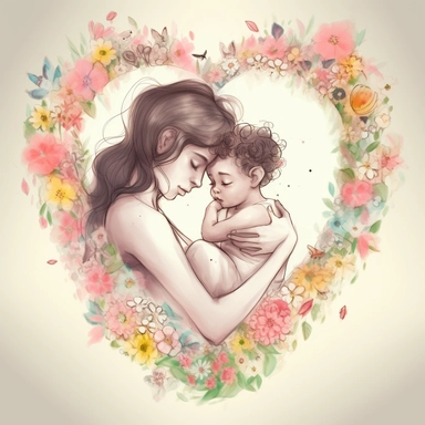 Clipart beautiful mother and her cute baby are hugging inside a heart shape made of spring flowers and it shows love and friendship ,watercolor style, withe background