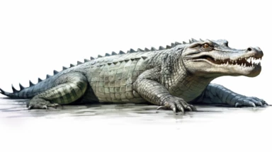 Nile Crocodile digital painting and drawing, clipart, full body, hyper - realistic animal illustration, childlike, free brushwork, white background, lying down, side view