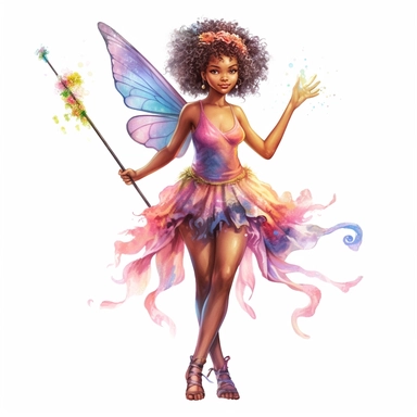 watercolor and colorful fantasy afroamerican fairy clipart, half-body, hd 4k, detailed, focused, realistic,holding a pixie wand, isolated on white background