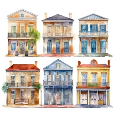watercolor New Orleans French quarter style buildings, illustrations clipart set, simple, , cartoon elements ,different variants , separate elements with a margin