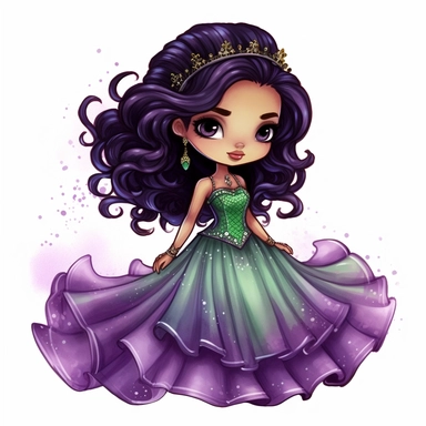 A cute detailed black girl in chibi style, Jasmine Becket - Griffith style, watercolour illustration clipart with real glitter detail, wearing a beautiful purple full length ballgown style dress, the girl has long black hair, the girl has green eyes, full body image, with feet isolated on a white background
