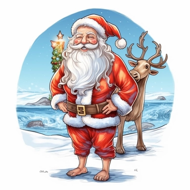 Beautiful Happy Face Santa Claus Standing On Beach for summer with his Reindeer Sublimation Clipart ,Cartoon,hyper realistic, intricate detail, illustration style,high solution,on the white background