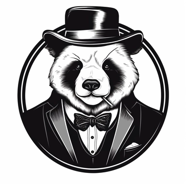 2D Black logo on a white background. Black and white Panda Man Hybrid. Mafia. Cigar Clipart. NO SHADING. KEEP THE LOGO SIMPLIFIED