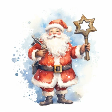 Create a detailed clipart image on a solid white background of a dreamy watercolour illustration Santa Claus, dressed in his red suit, holding a gleaming magic key. Let his jolly expression and twinkling eyes convey the excitement and wonder of the holiday season. Capture the whimsical details of the key, adorned with stars and enigmatic engravings. Santa's hand should hold the key with care, as if it holds the power to unlock the joy and magic of Christmas in every home