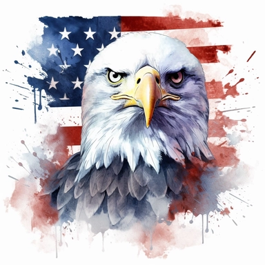 watercolor clipart illustration of a bald eagle in front of an American flag, red white and blue, hand painted details, clean and simple designs, solid background color, spaced out